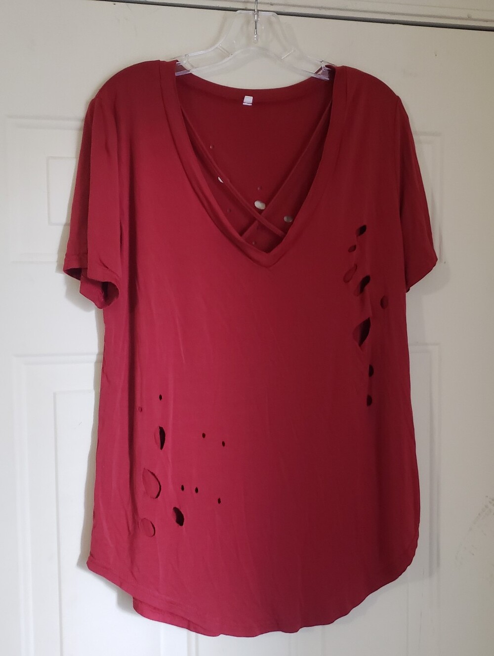 Women's Red Distressed V-Neck Top with Crisscross Detail